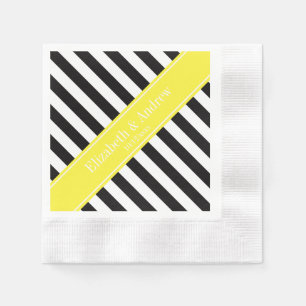 Black White Stripe Yellow Name Monogram Paper Napkins