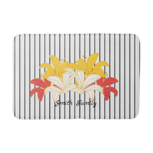 Black White Stripe Yellow Orange Lily Bath Mat