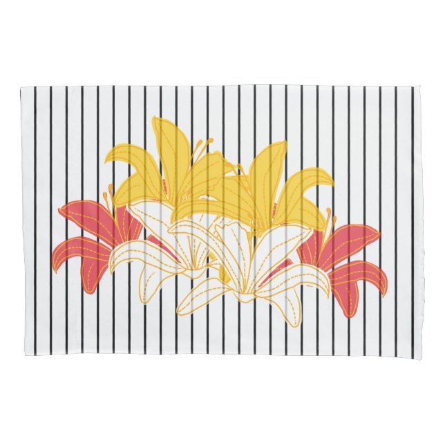 Black White Stripe Yellow Orange Lily Pillow Case (Front-Left)