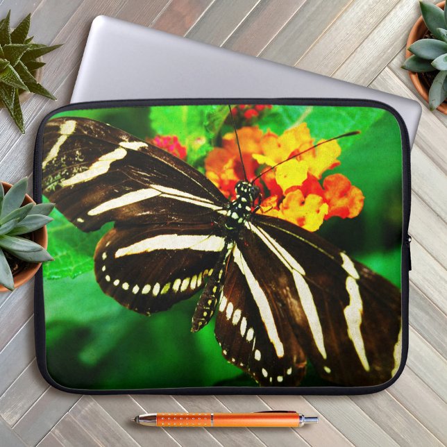 Black white stripe zebra longwing butterfly photo laptop sleeve (Creator Uploaded)