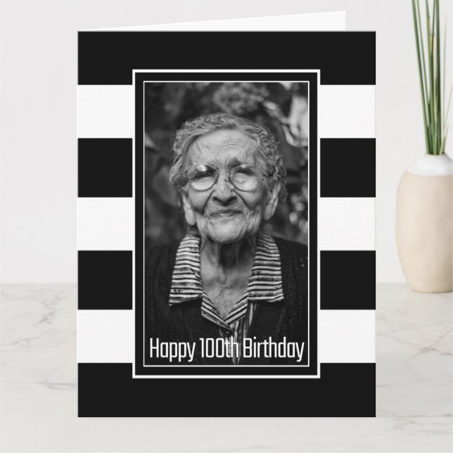 Black White Striped 100th Birthday Card (Front)