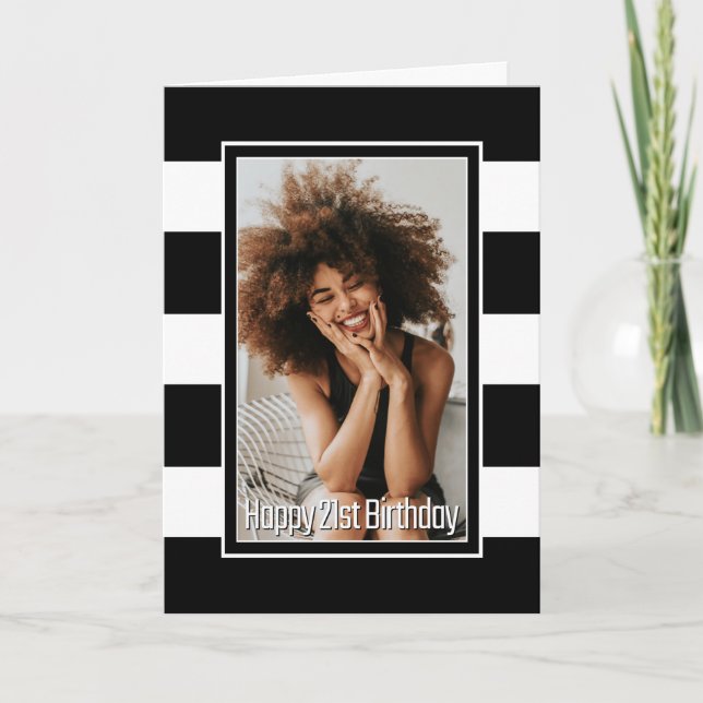 Black White Striped 21st Birthday Card (Front)