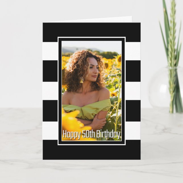 Black White Striped 50th Birthday Card (Front)