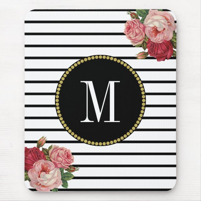 Black White Striped Antique Boho Floral Monogram Mouse Pad (Front)