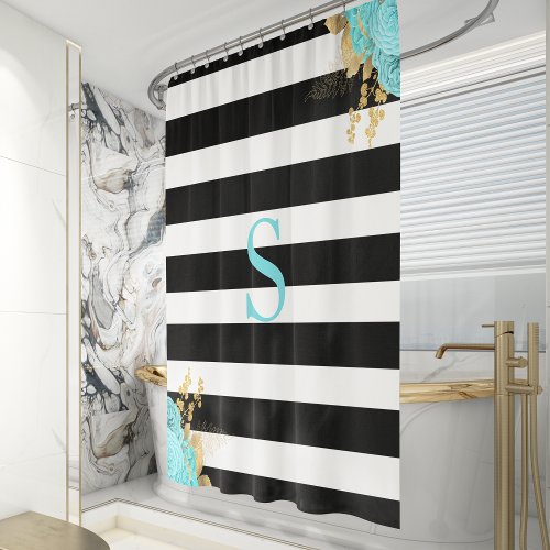 Black White Striped Aqua Gold Floral Monogram Shower Curtain