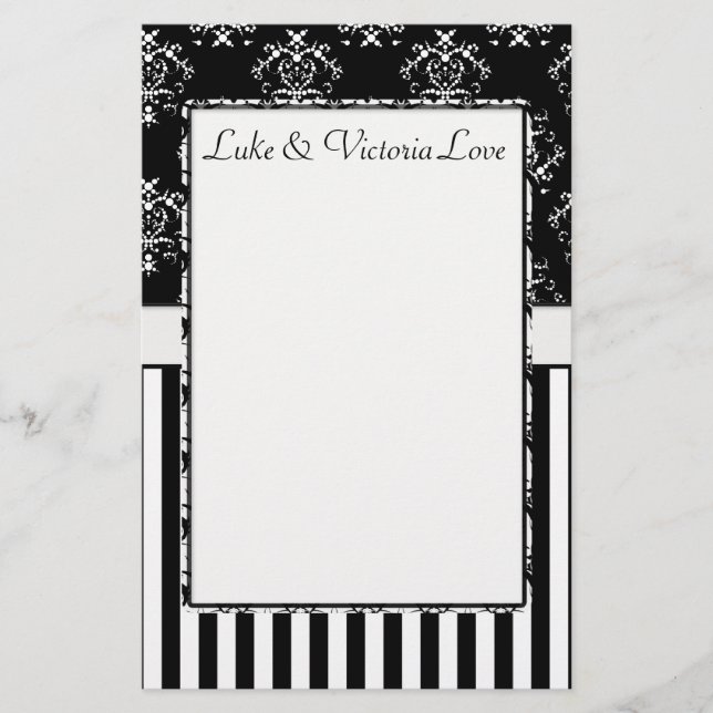 Black & White Striped Baroque Personalized Stationery (Front)