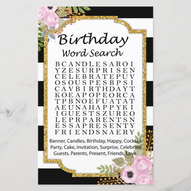 Black White Striped Birthday word search game (Front)