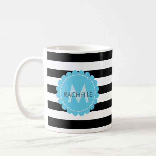 Black White striped  Blue flower monogram name Coffee Mug