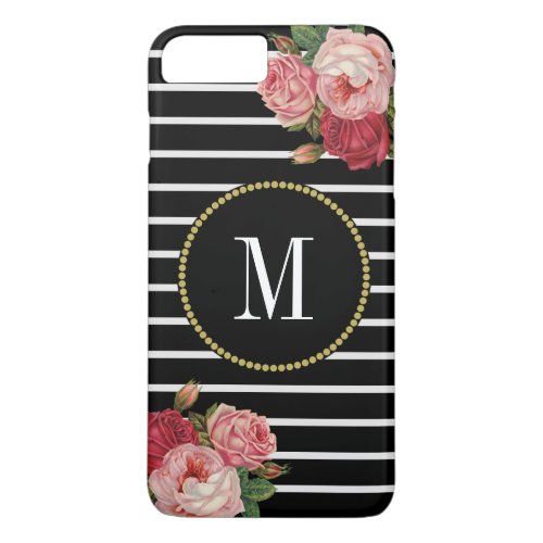 Black White Striped Bold Floral Gold Monogram iPhone 8 Plus7 Plus Case