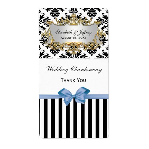 Black White Striped Damask Lt Blue Wine Label