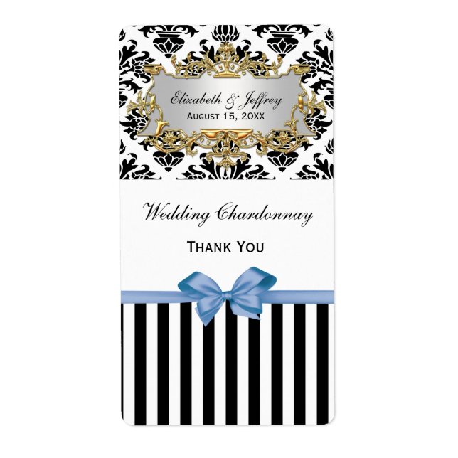 Black White Striped Damask Lt Blue Wine Label (Front)