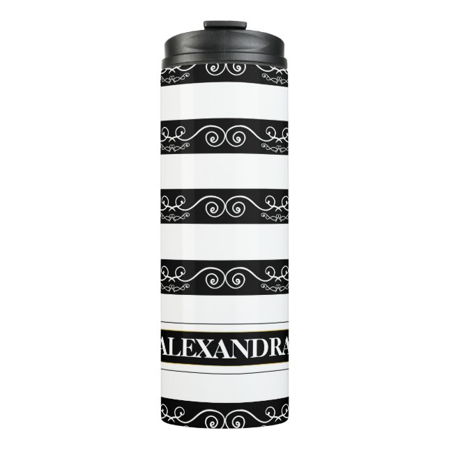 Black White striped design Monogram Thermal Tumbler (Front)