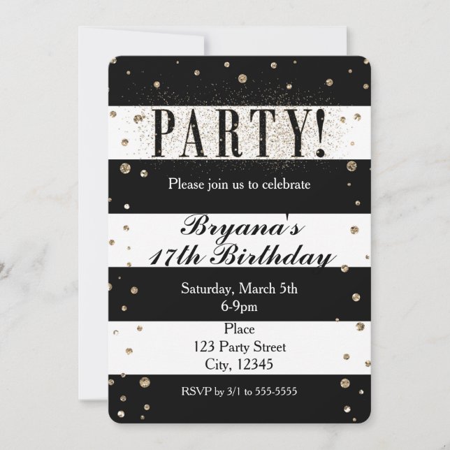 Black White Striped Faux Glitter PARTY Invitation (Front)