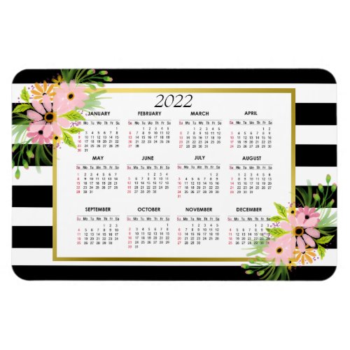 Black White Striped Floral Gold   2022 Calendar Magnet