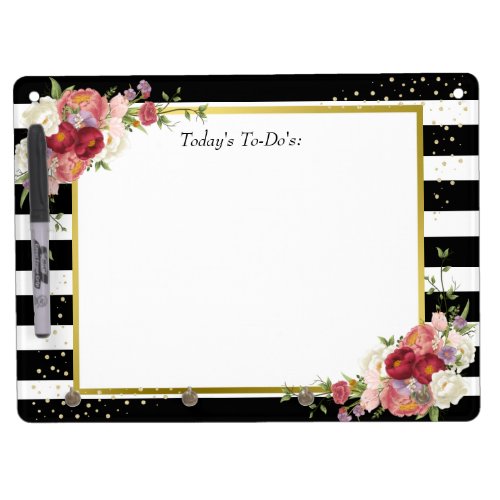 Black White Striped Floral Gold Dry Erase Board With Keychain Holder