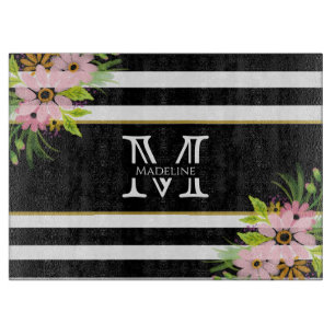 Black White Striped Floral Gold Monogram Cutting Board