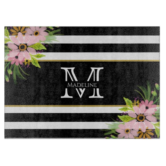 Black White Striped Floral Gold | Monogram Cutting Board (Front)