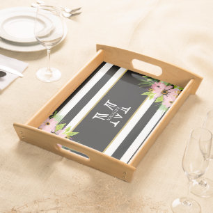 Black White Striped Floral Gold Monogram Serving Tray