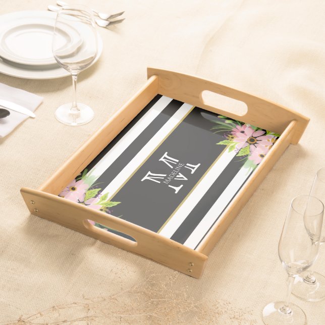 Black White Striped Floral Gold | Monogram Serving Tray (Front)