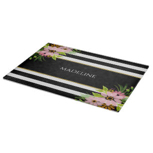 Black White Striped Floral Gold Personalized Cutting Board