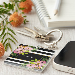 Black White Striped Floral Gold Personalized Keychain