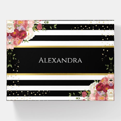 Black White Striped Floral Gold  Personalized Paperweight