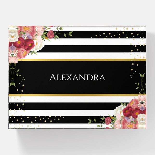 Black White Striped Floral Gold | Personalized Paperweight (Front)