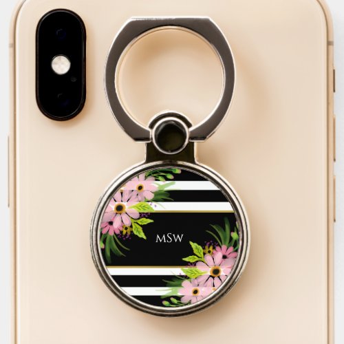 Black White Striped Floral Gold Personalized Phone Ring Stand