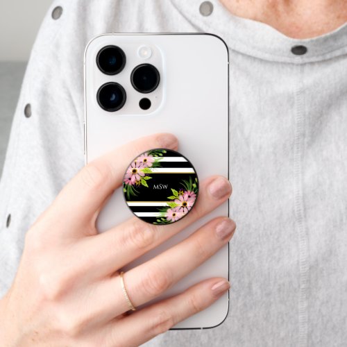 Black White Striped Floral Gold Personalized PopSocket