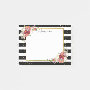 Black White Striped Floral Gold   Personalized Post-it Notes