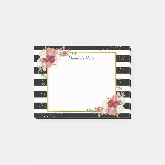 Black White Striped Floral Gold | Personalized Post-it Notes (Front)