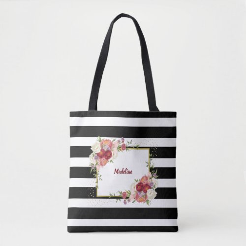 Black White Striped Floral Gold  Personalized Tote Bag