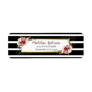 Black White Striped Floral Gold Return Address Label