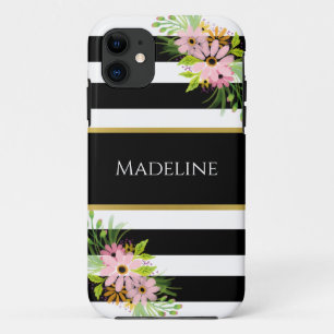 Black White Striped Floral Gold Stylish iPhone 11 Case