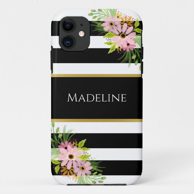 Black White Striped Floral Gold | Stylish Case-Mate iPhone Case (Back)