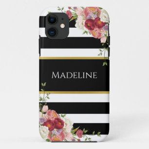 Black White Striped Floral Gold Stylish iPhone 11 Case