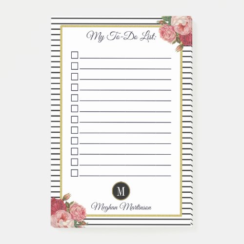 Black White Striped Floral Monogram To Do List Post_it Notes