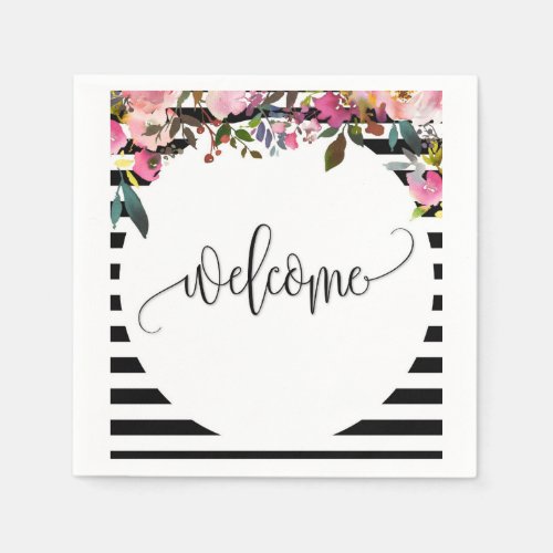 Black  White Striped Floral Paper Cocktail Napkin