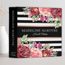Black White Striped Floral Personalized Stylist 3 Ring Binder