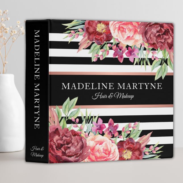 Black White Striped Floral Personalized Stylist 3 Ring Binder (Creator Uploaded)