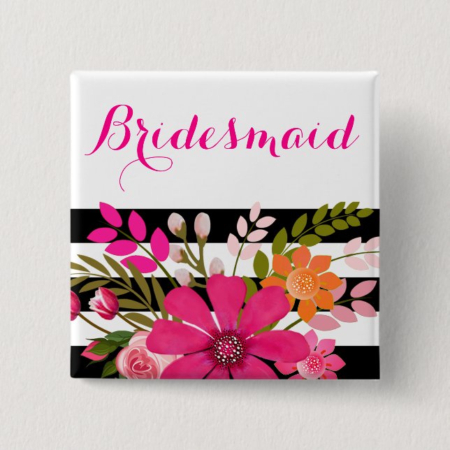 Black White Striped Flowers Bridesmaid | fuchsia Button (Front)