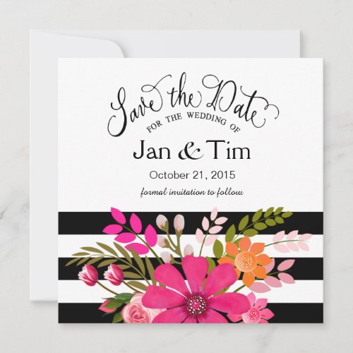 Black White Striped Flowers Save the Date fuchsia