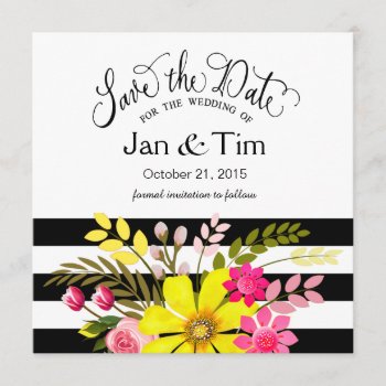 Black White Striped Flowers Save The Date Yellow by glamprettyweddings at Zazzle