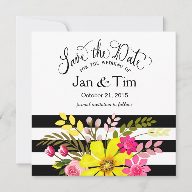 Black White Striped Flowers Save the Date yellow (Front)