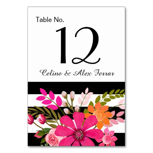 Black  White Striped Flowers Table Card  fuchsia