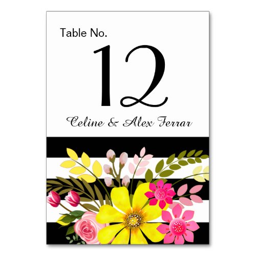 Black  White Striped Flowers Table Card  yellow