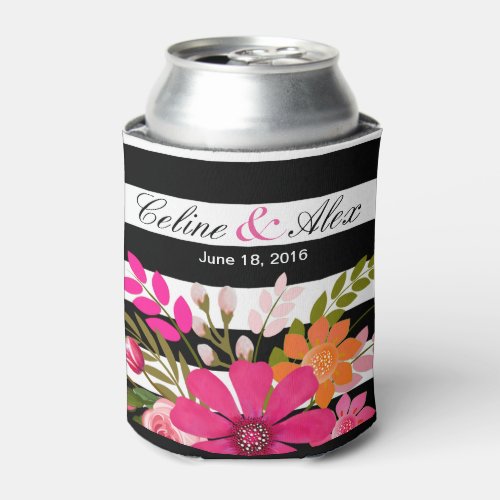 Black  White Striped Folklore Flowers  fuchsia Can Cooler