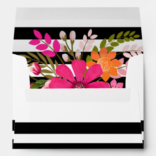 Black  White Striped Folklore Flowers  fuchsia Envelope