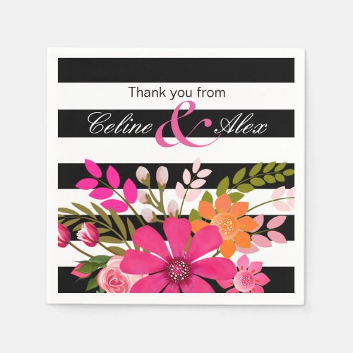 Black  White Striped Folklore Flowers  fuchsia Paper Napkins