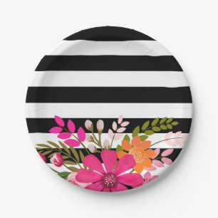Black & White Striped Folklore Flowers fuchsia Paper Plates